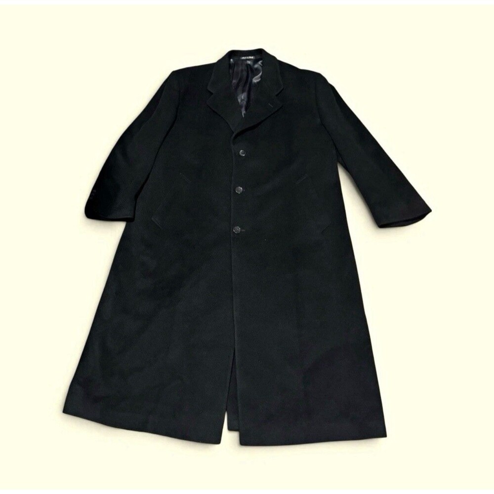 Rare Vintage Alan Lebow for Hartz 100% Cashmere Overcoat 46L Black Italy Silk